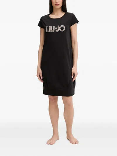 Liu •jo Logo-print Short-sleeve Midi Dress In Black