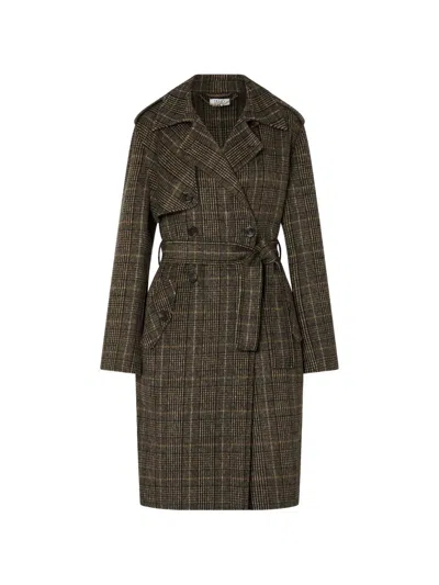 Liu •jo Classic Camel Check Long Coat With Adjustable Waistbelt In Multi