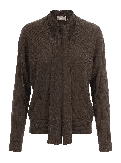 Liu •jo Tonal-bow Ribbed-knit Sweater In Brown