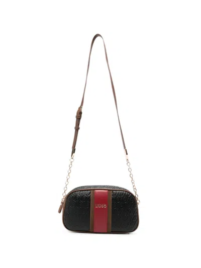 Liu •jo Medium Monogram-embossed Stripe-detail Cross Body Bag In Black
