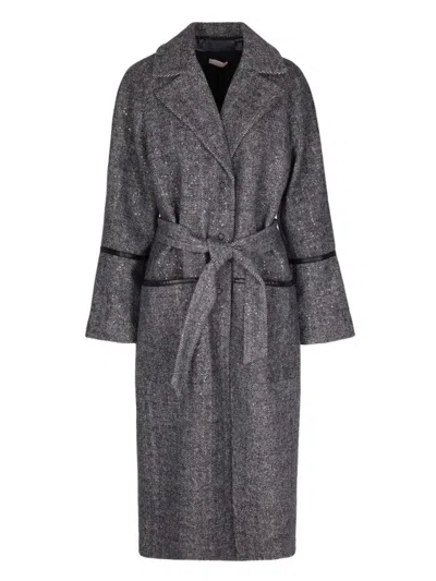 Liu •jo Mid-length Textured Herringbone Coat With Belt In Pink