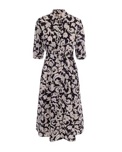 Liu •jo Midi Popeline Floral Dress With Classic Collar And Waist Belt In Black