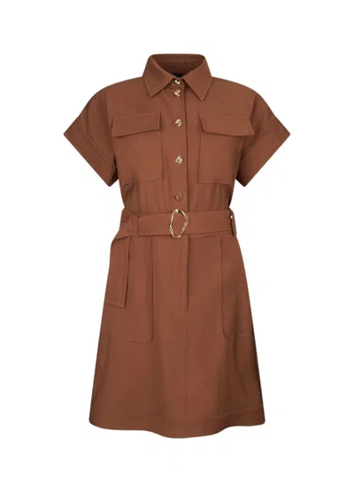 Liu •jo Mini Tailored Dress With Decorative Pockets And Waist Belt In Brown