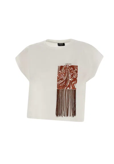 Liu •jo Moda Stretch Cotton Jersey T-shirt In Bianco Embr. Breastpock