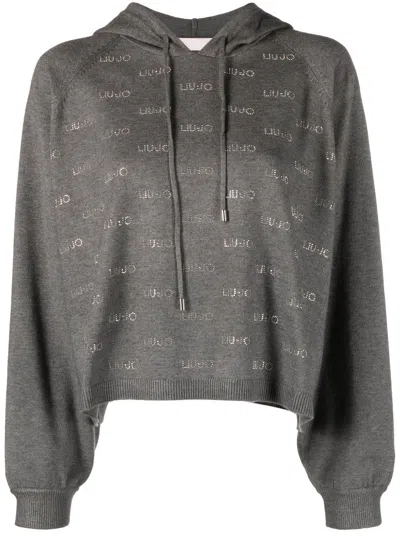 Liu •jo Monogram-pattern Drawstring Hoodie In Grey