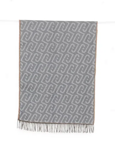Liu •jo Monogram-pattern Fringed Scarf In Gray