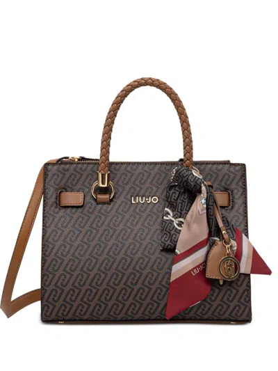 Liu •jo Monogram-pattern Scarf-detail Tote Bag In Brown