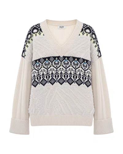 Liu •jo Natural Beige Fair Isle V-neck Sweater In Neutral