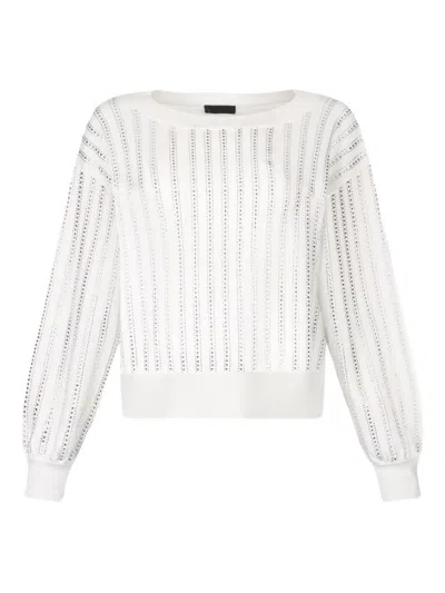 LIU •JO OPEN-KNIT WHITE SWEATER WITH DELICATE VERTICAL STRIPES