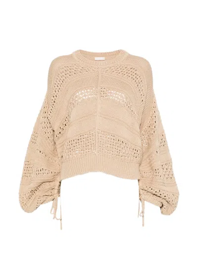 Liu •jo Open-knit Drawstring-cuff Sweater In Neutral