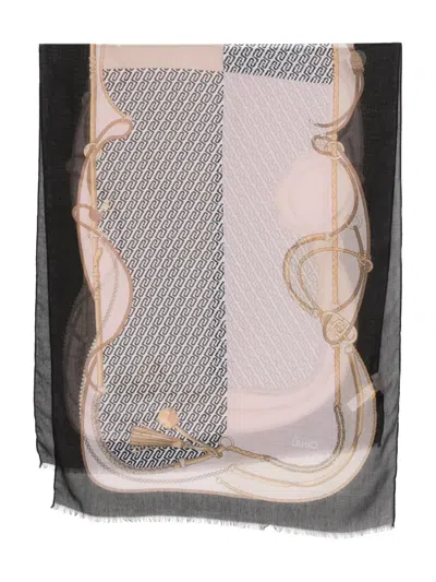 Liu •jo Pattern Fringed Scarf In Black