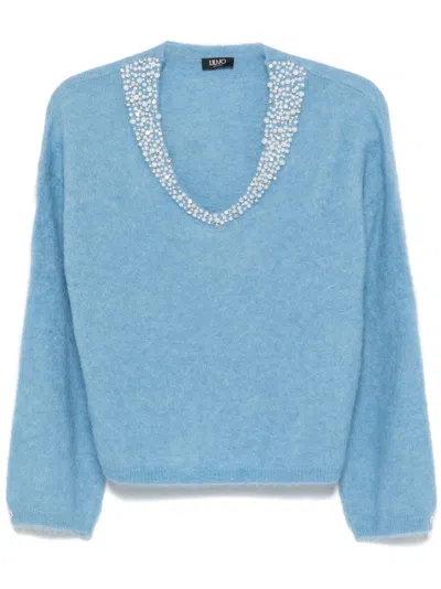 Liu •jo Pearl-embroidered Jumper In Blue