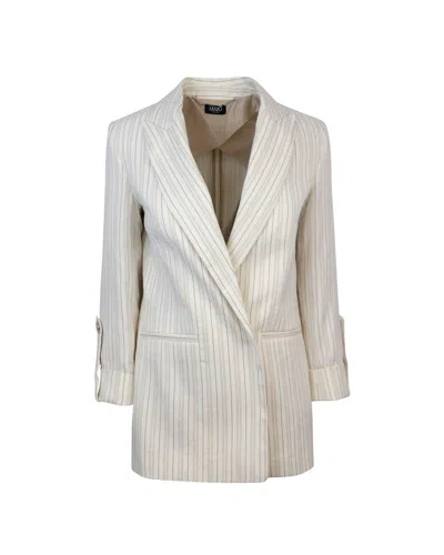 Liu •jo Pinstripe Open-front Tailored Blazer In White Butter Brown Sand