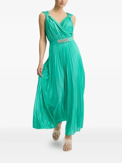 Liu •jo Pleated Embellished-belt Maxi Dress In Green