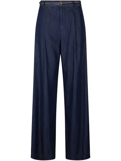 Liu •jo Liu Jo Wide-leg Denim Jeans With Belted Waist And Decorative Stitch In Blue