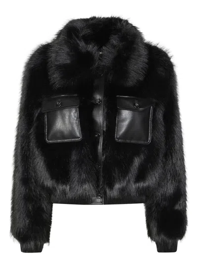 Liu •jo Plush Eco Fur Bomber Jacket With Ribbed Details In Black