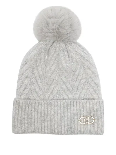 LIU •JO POMPOM CHEVRON BEANIE HAT