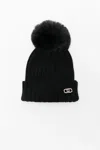 Liu •jo Pompom-embellished Logo-plaque Beanie In Black