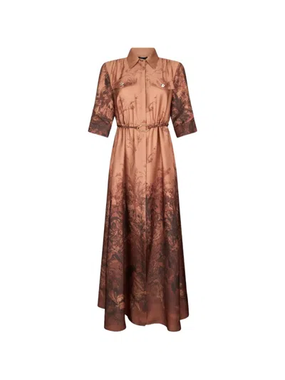 Liu •jo Printed Belted Shirt Maxi Dress In Brown