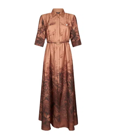 Liu •jo Printed Belted Shirt Maxi Dress In Brown