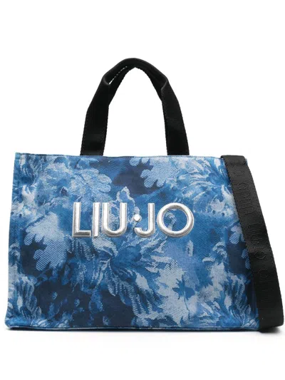 Liu •jo Printed Denim Tote Bag In Blue