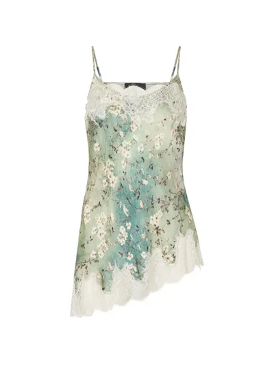 Liu •jo Printed Satin Top With Lace In Blue