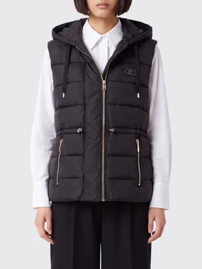 Liu •jo Liu Jo Quilted And Padded Nylon Vest With Hood And Rhinestone Logo In Black