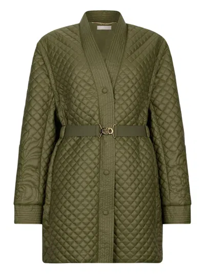Liu •jo Quilted Nylon Coat With Belt In Green