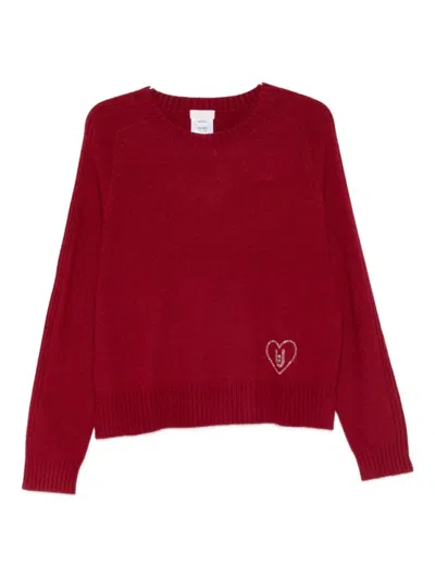 LIU •JO RED KNIT SWEATER WITH HEART EMBLEM DETAIL
