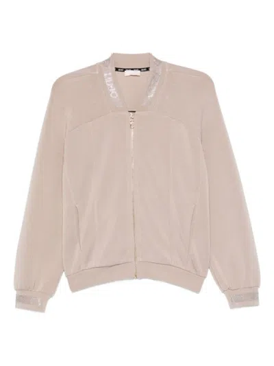 LIU •JO RELAXED FIT BEIGE SWEATSHIRT WITH GLOSSY TRIM