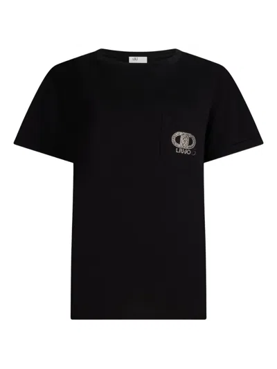 Liu •jo Rhinestone-embellished Logo T-shirt In Black