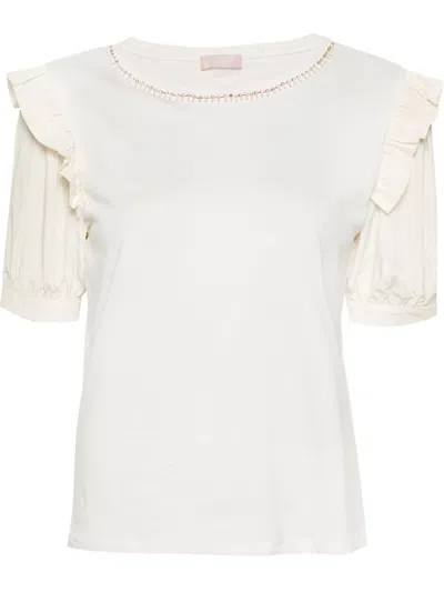 Liu •jo Rhinestone-embellished Ruffled T-shirt In White