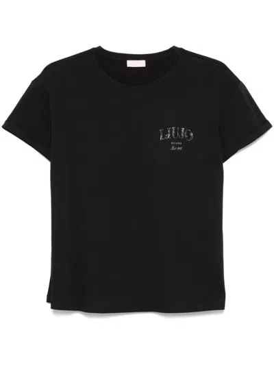 Liu •jo Rhinestone-logo T-shirt In Black