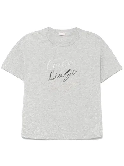 Liu •jo Rhinestone-logo T-shirt In Grey