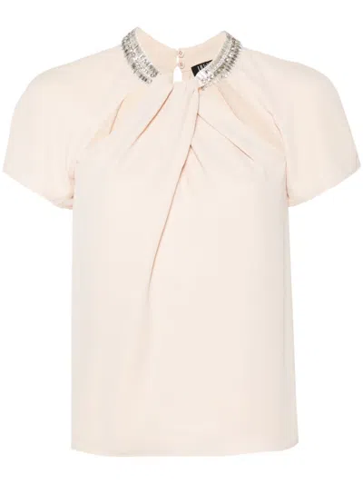 Liu •jo Rhinestoned Georgette Top In Neutrals