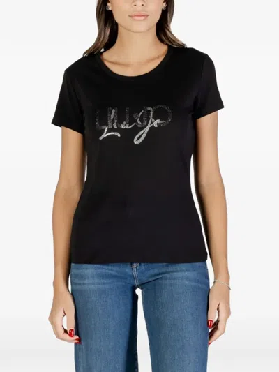 Liu •jo Rhinestone-embellished Logo T-shirt In Black