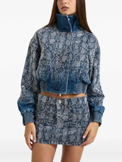 Liu •jo Rhinestone-embellished Snakeskin-print Jacket In Blue