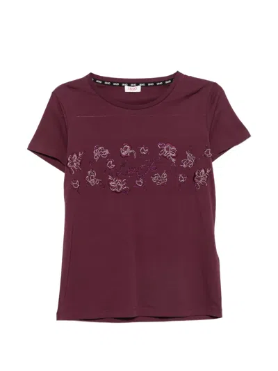 Liu •jo Rhinestone-embellished T-shirt In Burgundy