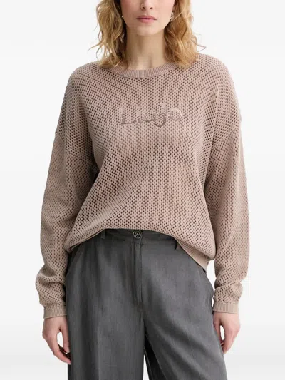 Liu •jo Rhinestone-logo Mesh-knit Sweater In Neutral