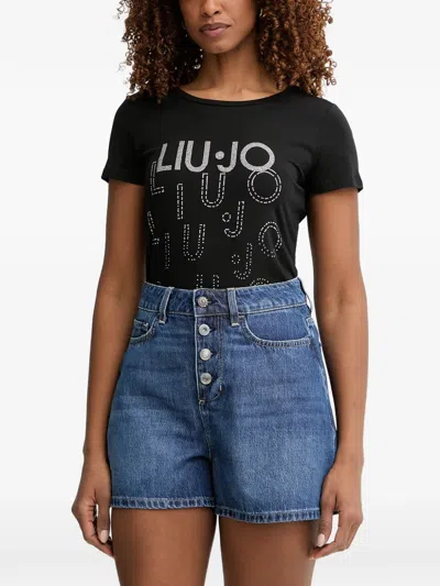 Liu •jo Rhinestone-logo T-shirt In Black