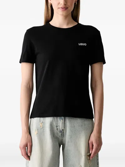 Liu •jo Rhinestone-logo T-shirt In Black