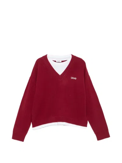 Liu •jo Rhinestone-logo V-neck Sweater In Red