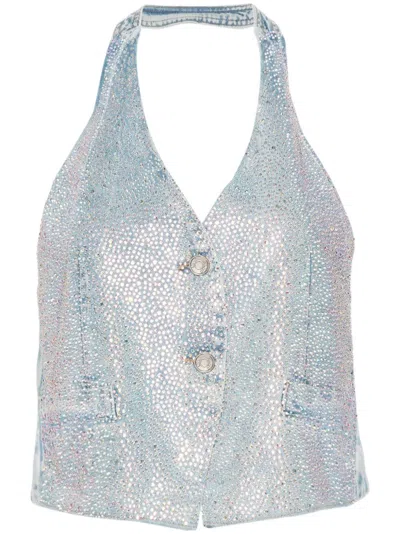 Liu •jo Rhinestones Denim Waistcoat In 蓝色