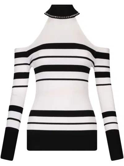 Liu •jo Liu Jo Ribbed Cold-shoulder Sweater With Embellished Neckline In White