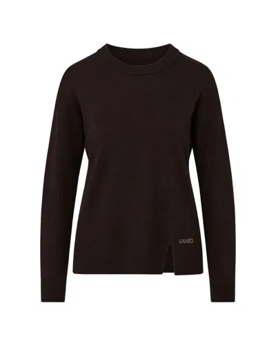 Liu •jo Liu Jo Ribbed Crew Neck Sweater With Side Slit In Brown