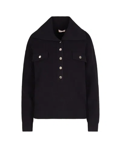 LIU •JO RIBBED KNIT TOP WITH OVERSIZED COLLAR AND METALLIC BUTTON DETAILS