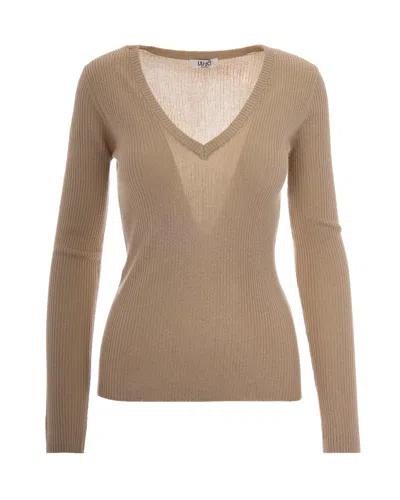 Liu •jo Liu Jo Ribbed Knit V-neck Sweater In Brown