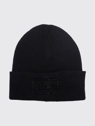 Liu •jo Liu Jo Rib-knit Beanie With Cuff And Rhinestone Logo In Black