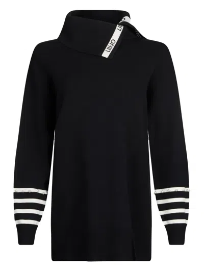 Liu •jo Roll-neck Striped-cuff Top In Black