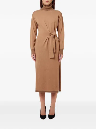 Liu •jo Roll-neck Belted Dress In Brown